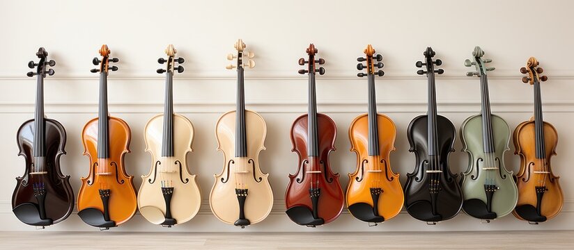 different types of violins in a row on the wall