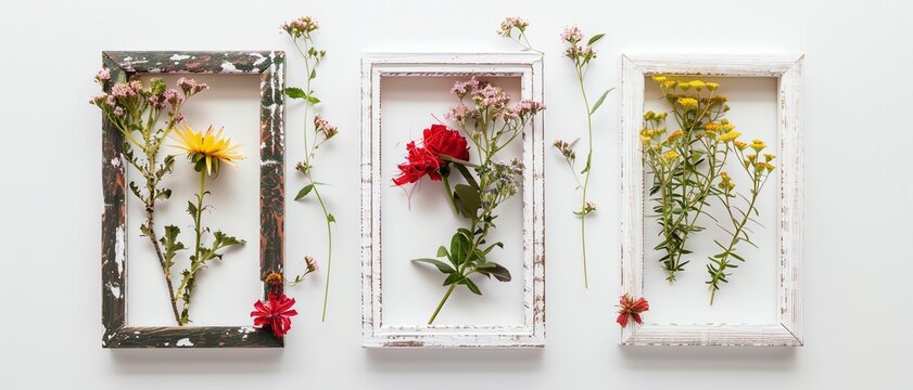 Set of three photo frames with flowers on white background. Ideal for weddings, baby showers, and other celebrations.