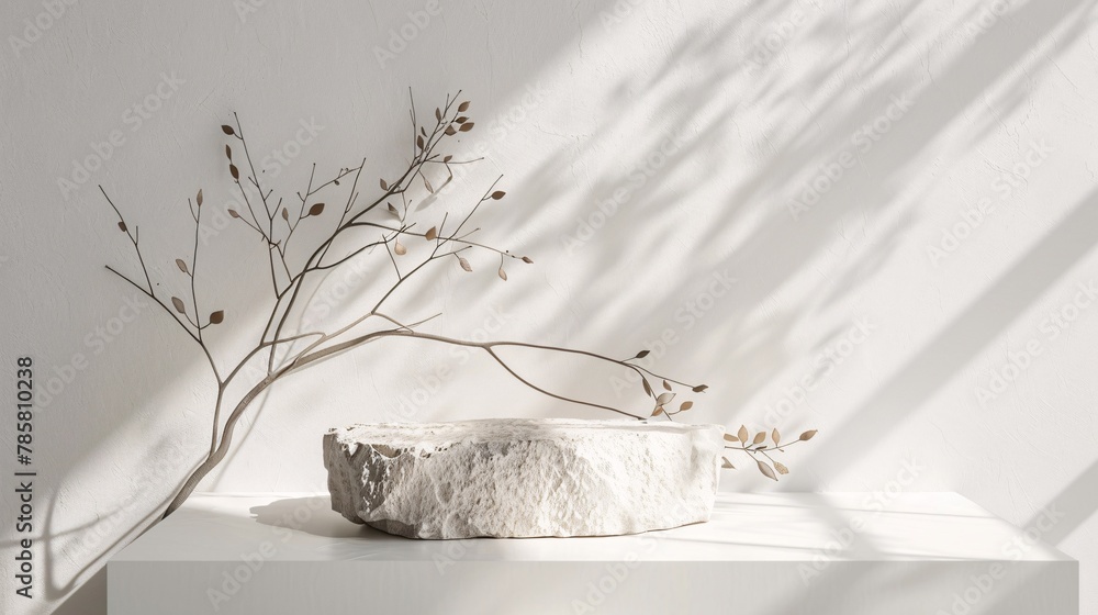 Poster white podium stage background with white stone and branch. 3d rendering . ai generative