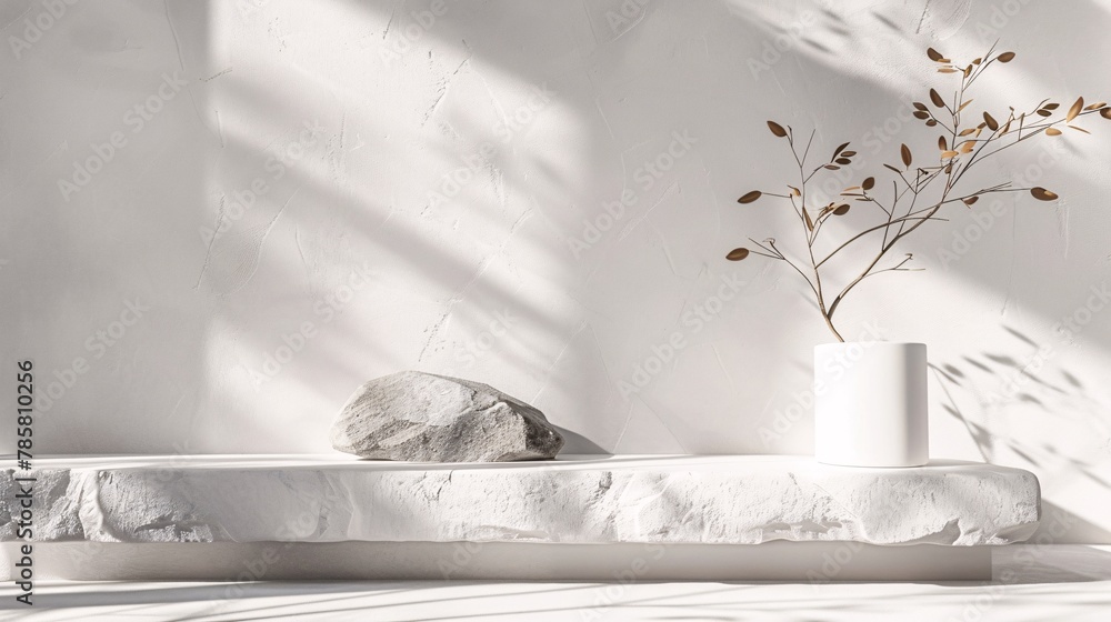 Poster white podium stage background with white stone and branch. 3d rendering . ai generative