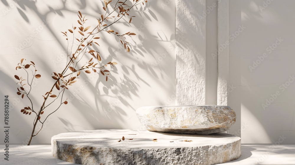 Poster white podium stage background with white stone and branch. 3d rendering . ai generative
