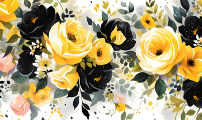 Black and yellow roses pattern, watercolor painting, Generative AI