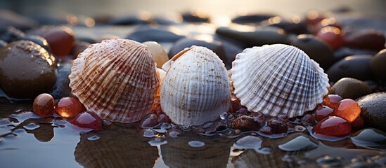 Beautiful seashells on the beach. Selective focus. - obrazy, fototapety, plakaty