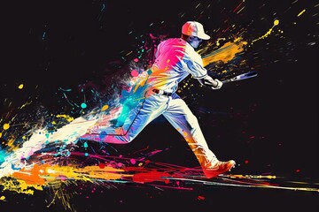 dynamic baseball player in colorful splash on black background sports graphic illustration with copy space