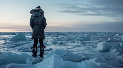 A lone figure stands on a thick layer of ice facing away from the camera. is dressed in a traditional Inuit parka and appears . . - obrazy, fototapety, plakaty