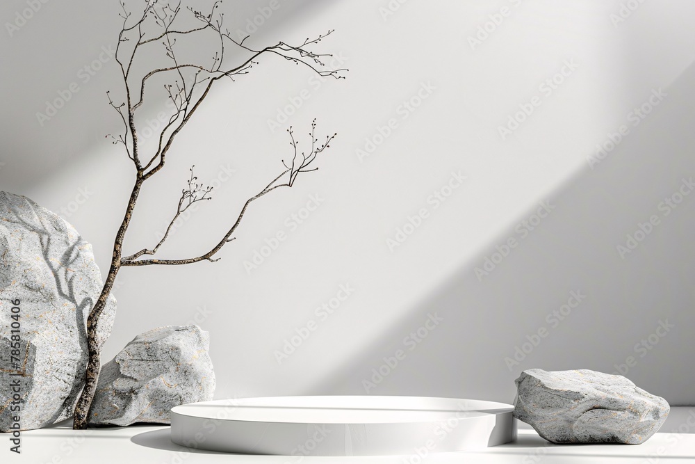 Poster white podium stage background with white stone and branch. 3d rendering . ai generative