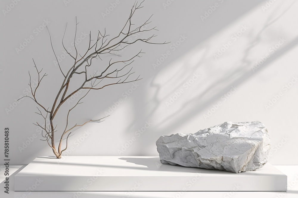 Poster white podium stage background with white stone and branch. 3d rendering . ai generative