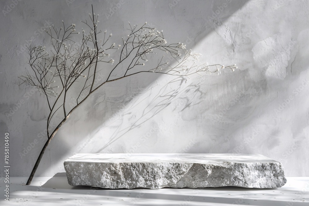 Poster white podium stage background with white stone and branch. 3d rendering . ai generative