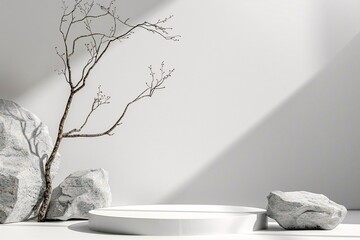 white podium stage background with white stone and branch. 3d rendering . ai generative