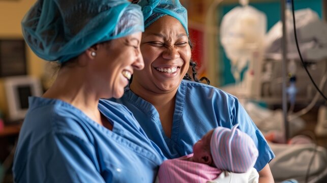Two midwives stand side by side beaming with pride as they watch a mother cradle her newborn baby their shared passion for safe births evident in the tears of joy streaming down their .