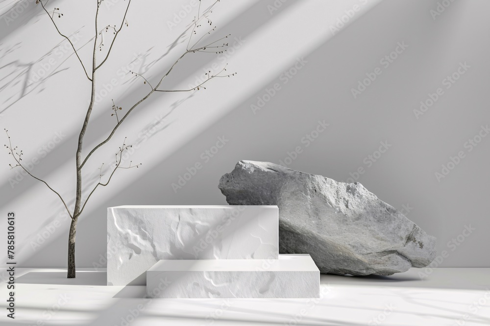 Poster white podium stage background with white stone and branch. 3d rendering . ai generative