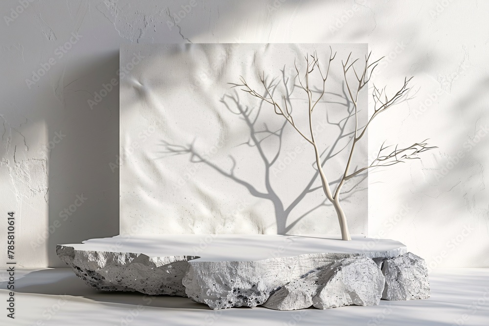 Poster white podium stage background with white stone and branch. 3d rendering . ai generative