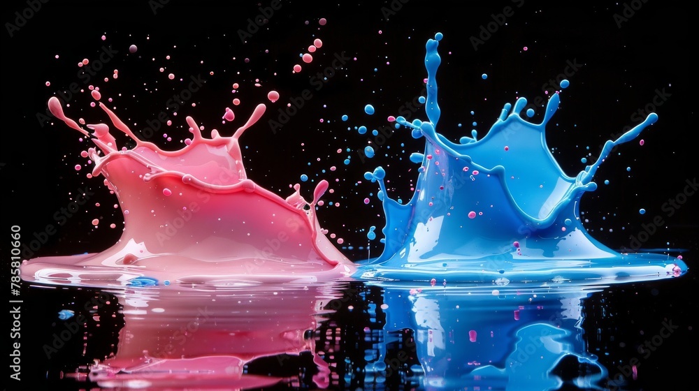 Poster a vibrant splash of blue and pink water dances elegantly on a mysterious black canvas, creating a me