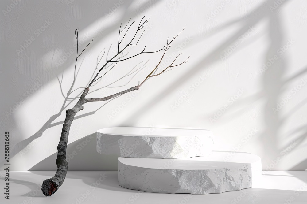 Poster white podium stage background with white stone and branch. 3d rendering . ai generative