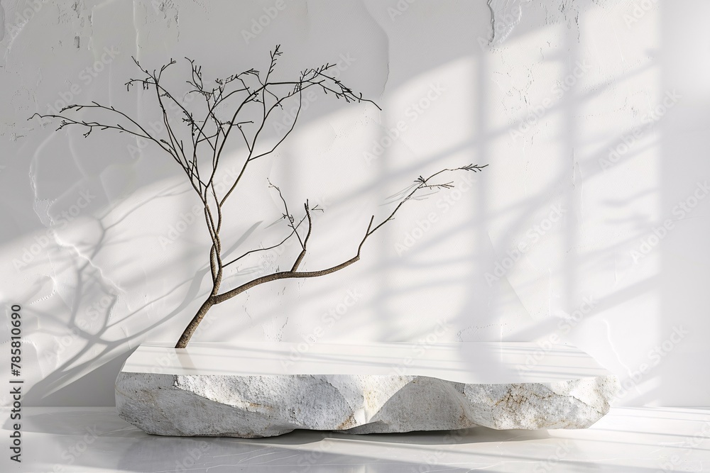 Poster white podium stage background with white stone and branch. 3d rendering . ai generative