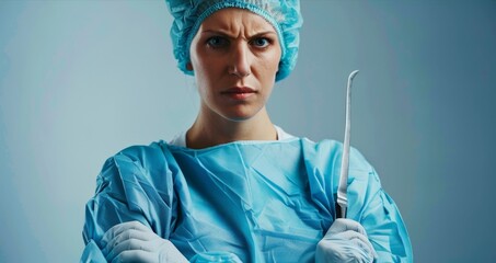 A skilled surgeon stands with her arms folded wearing a stern expression as she holds a scalpel at her side. . - obrazy, fototapety, plakaty