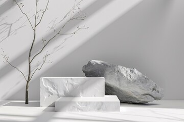 white podium stage background with white stone and branch. 3d rendering . ai generative