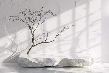 white podium stage background with white stone and branch. 3d rendering . ai generative