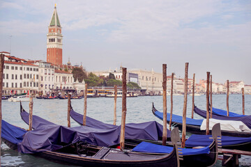 View of the Grand Canal in Venice. The urban landscape of Venice with gondolas.