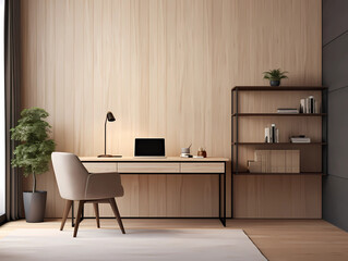 A modern minimalist study room with an elegant desk