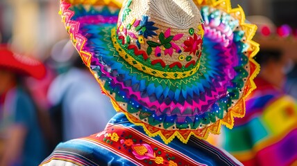  A man wearing a vibrant costume in celebration of Cinco de Mayo, with a colorful hat adorning his head. 
