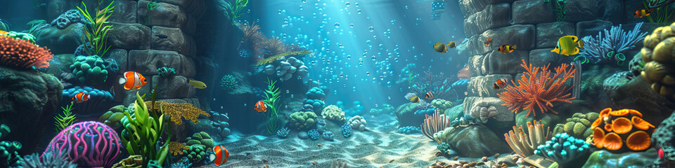 Underwater Adventure: 3D Model of a Playground with Animated Sea Life and Colorful Coral - obrazy, fototapety, plakaty