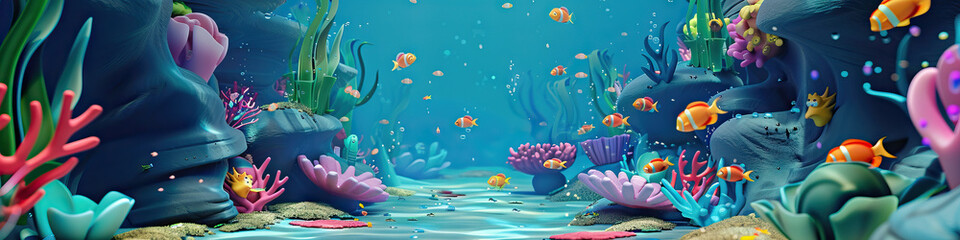 Obraz na płótnie Canvas Underwater Adventure: 3D Model of a Playground with Animated Sea Life and Colorful Coral