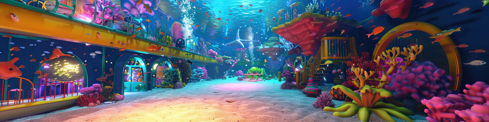 Underwater Adventure: 3D Model of a Playground with Animated Sea Life and Colorful Coral - obrazy, fototapety, plakaty