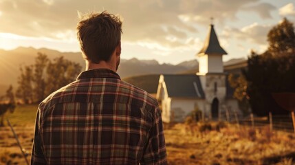 A man wearing a worn plaid shirt stands in front of a quaint chapel head bowed in quiet reflection. The golden light of the setting . . - Powered by Adobe