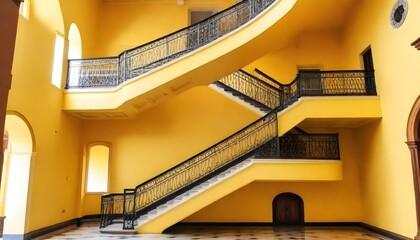 Inside View of Interior architecture of Bangalore Palace in Bangalore India. Interior architecture of Bangalore Palace shot Grand Staircase yellow color Interior 