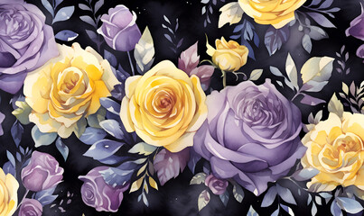Dark purple and yellow rose pattern, watercolor painting,Generative AI