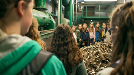 A group of students visit a research facility to learn about the process of converting municipal waste into biofuel. They observe as the waste is sorted processed and eventually turned . - obrazy, fototapety, plakaty