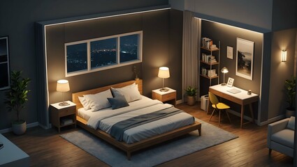 Isometric view night bed room open inside interior architecture, 3d rendering
