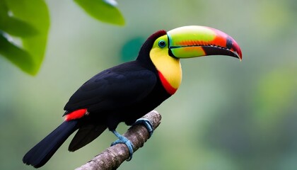 Keel-billed Toucan, Ramphastos sulfuratus, bird with big bill. Toucan sitting on branch in the forest, Guatemala. Nature travel in Costa Rica. - obrazy, fototapety, plakaty