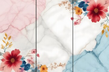 Home panel wall art three pieces, random color marble background with flowers silhouette