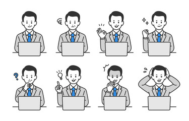 パソコンを見ながらいろいろな表情･ポーズをする管理職･上司のセット【人物ベクターイラスト素材】