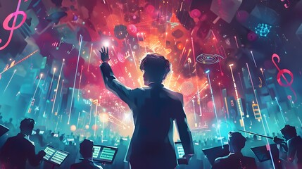 Digital orchestra conductor directing a symphony of holographic musical notes and instruments