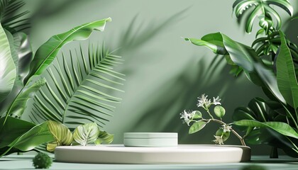 product display podium in green room with tropical plants. Product presentation theme. Nature and Organic cosmetic and food concept. 3D illustration rendering