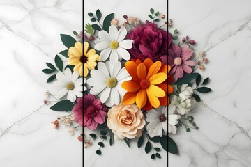 Home panel wall art three pieces, random color marble background with flowers silhouette