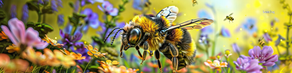 bee buzzing around a flower bed. - obrazy, fototapety, plakaty