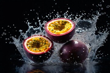 Fresh ripe passion fruit sinking into water with splashes on black background
