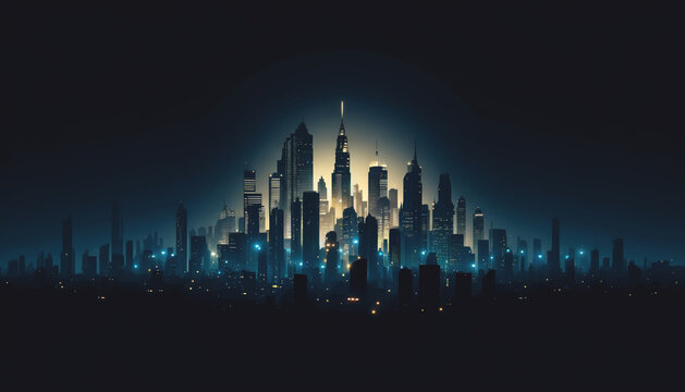City Skyline at Night Illuminated