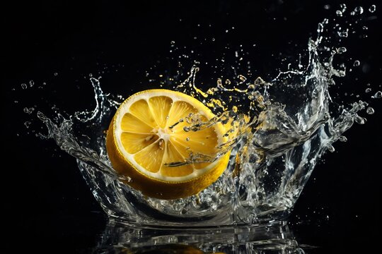 Lemon sinking in water tank, splashing water, captured in high speed camera