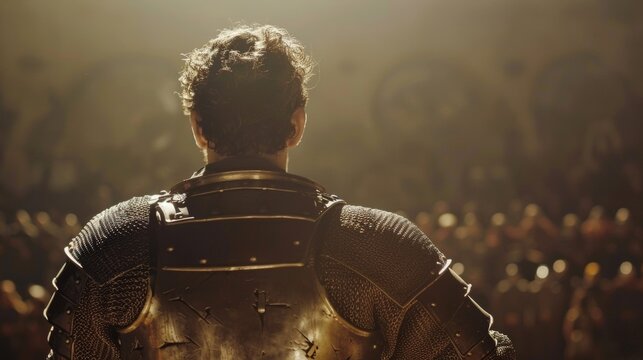 A lone knight stands with arms crossed staring out into the arena back to the camera. The tension and anticipation of . .