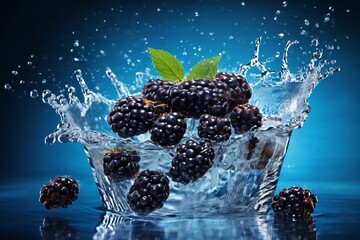 Close-up blackberry with water splash on blue background