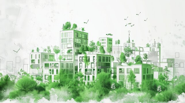 A sketch of an isolated green buildings promoting walkability and clean public infrastructure. The sustainable urbanism design highlighting a carbon-neutral, eco-friendly architecture. Generative AI