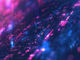 Abstract minimalistic dark blue and neon background with blurred computer code. 