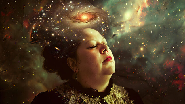 Stellar Philosopher: Woman with a Head of Stars, Contemplating Cosmic Wonders