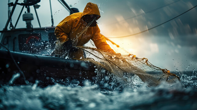 Fishermen casting fishing nets into the sea from their boat in full action. A day in the hard life of professional fishermen.