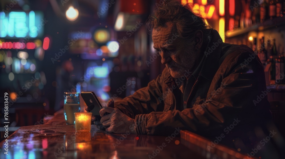 Poster araffe man sitting at a bar using a cell phone generative ai hyper realistic